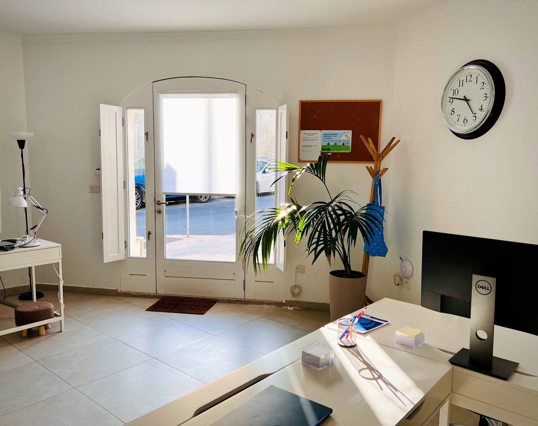 Bright office interior with desk and plants